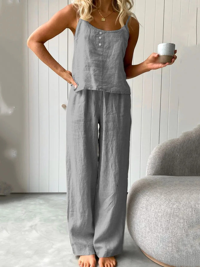 Cotton Linen Sleeveless Cami & Long Pants Two-Piece Set