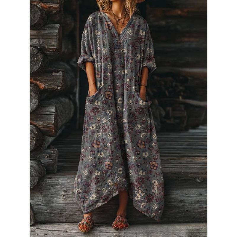 Women's Floral Ripple Print V-Neck A-Line Midi Dress Long Sleeve