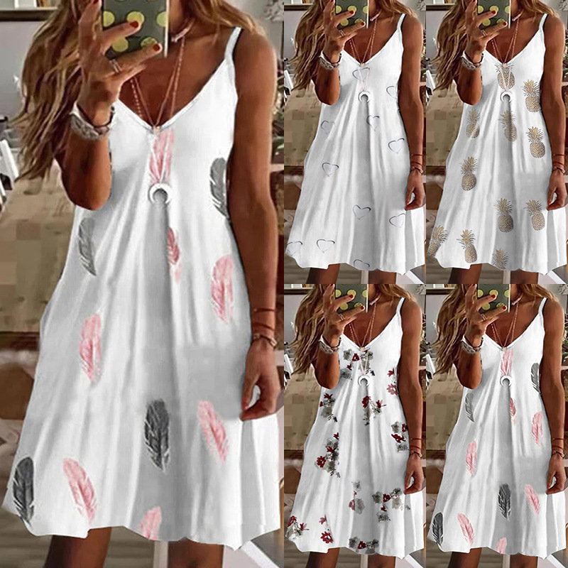 Women's Sexy V-Neck Printed Cami Dress Loose Fit