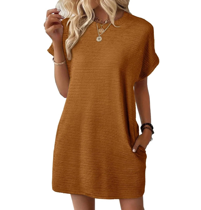 Women's Loose Crewneck Pocket Solid Short Sleeve Dress