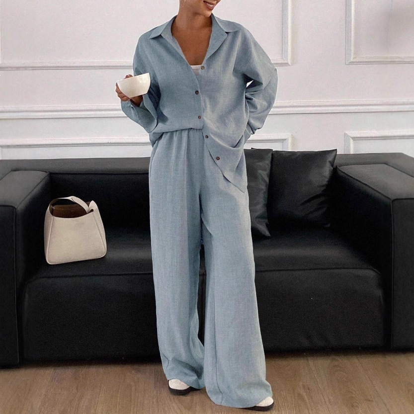 Relaxed Cotton-Linen Long-Sleeve Shirt and Pants Two-Piece Set in Apricot