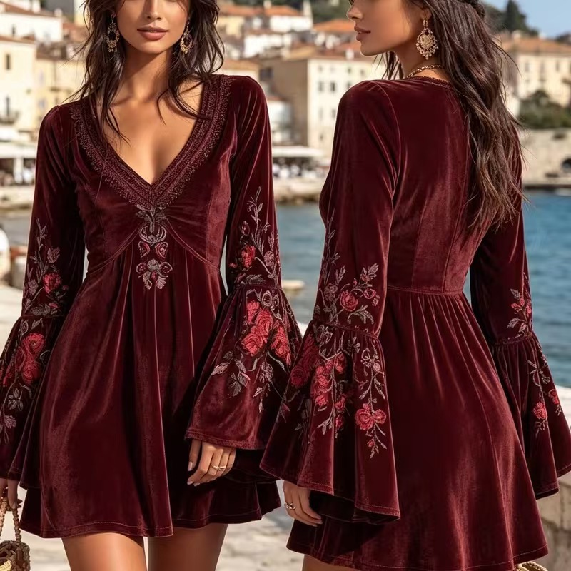 Bohemian Flare-Sleeve Wine Red Velvet Embroidered Mini Dress