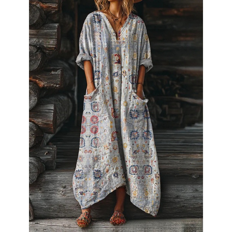 Women's Floral Ripple Print V-Neck A-Line Midi Dress Long Sleeve