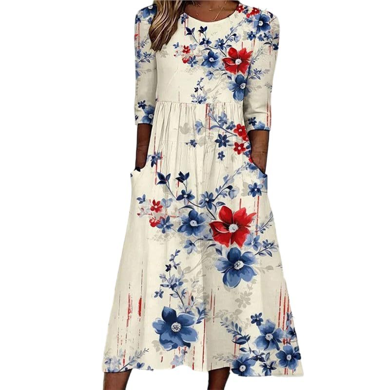 Women's Star Print Pleated Midi Dress Short Sleeve Crew Neck Slim Fit