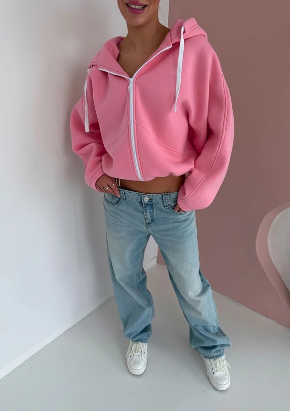 Women's Hooded Zip-Up Fleece Cardigan Sweatshirt Solid Color Long Sleeve Loose Fit Tie-Waist Short Crop Top