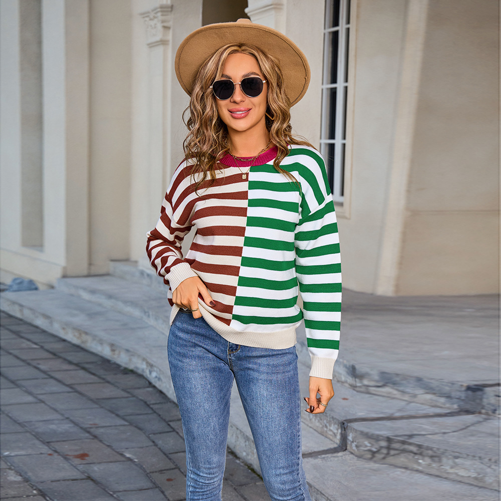 Color-Block Striped Crewneck Knit Sweater