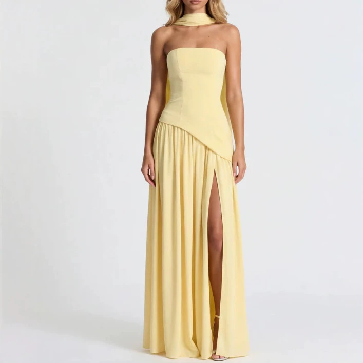 Women's Strapless Solid High Slit Backless Long Dress