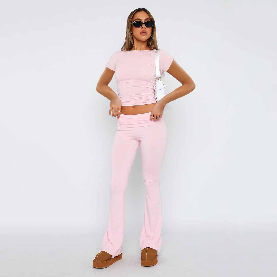 Women's Solid Color Slim Fit Low Waist Flare Pants Two-Piece Set