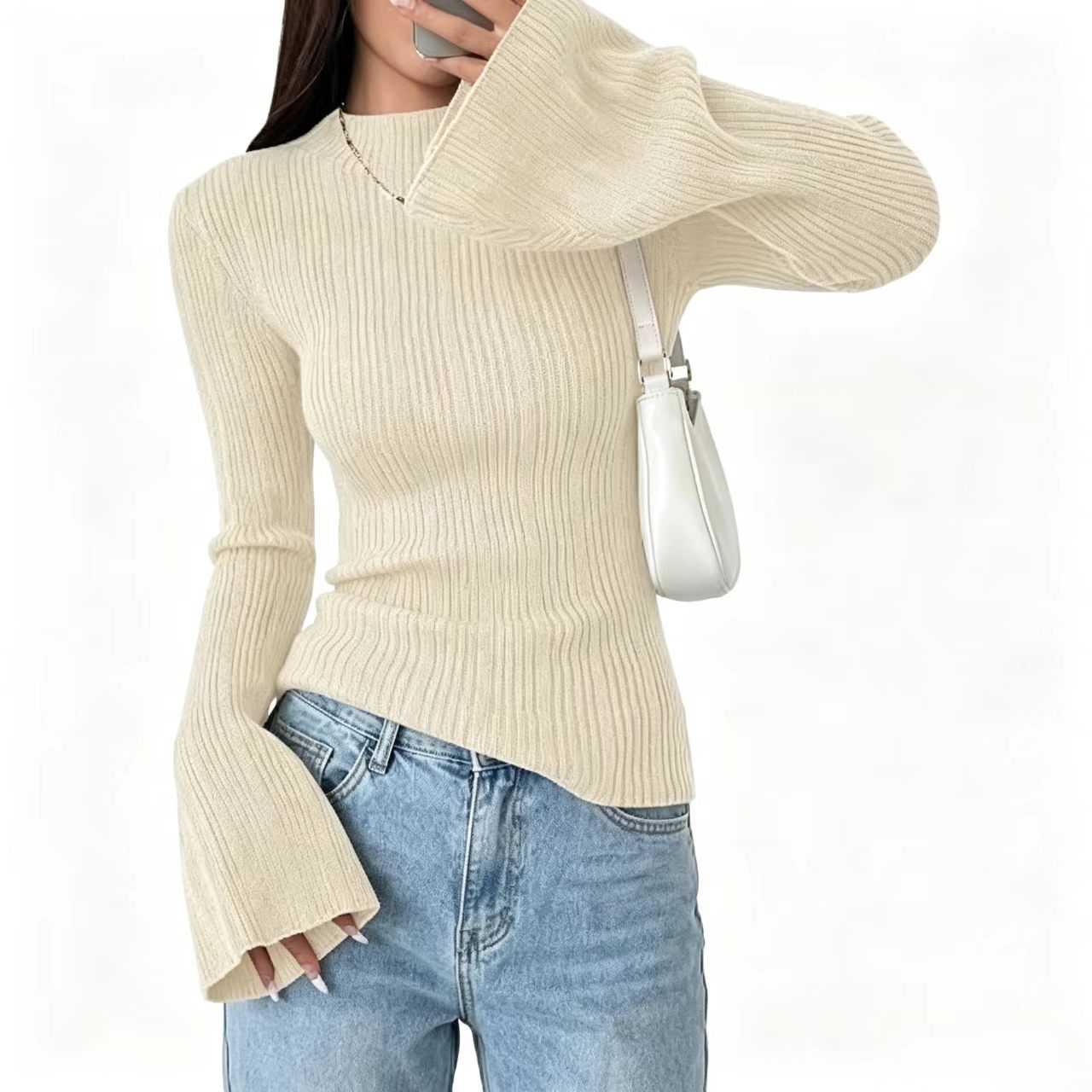 Half Turtleneck Ribbed Flare-Sleeve Knit Top Women Slim Fit Long Sleeve