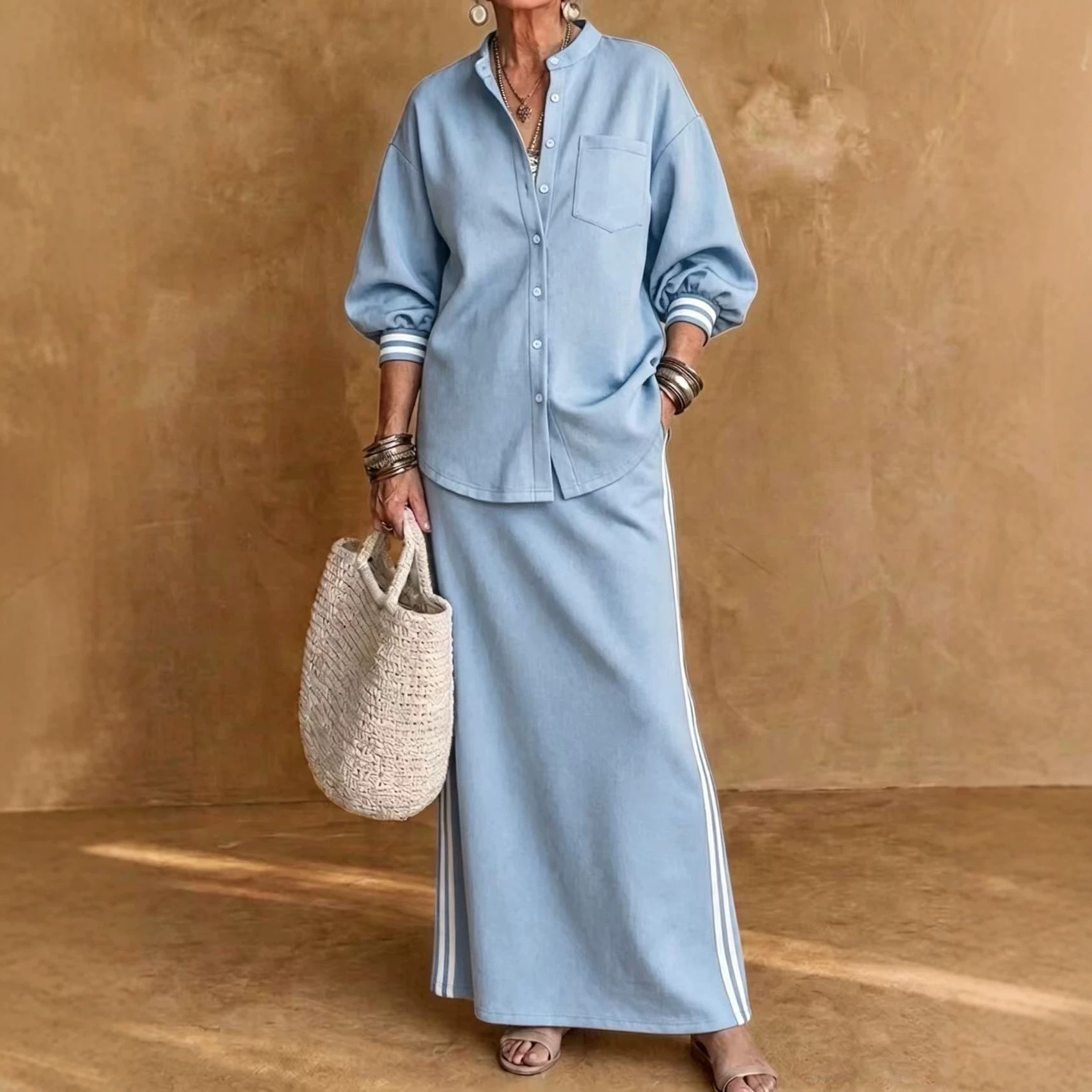 Women's Button-Up Collared Shirt and Striped Midi Skirt Two-Piece Set