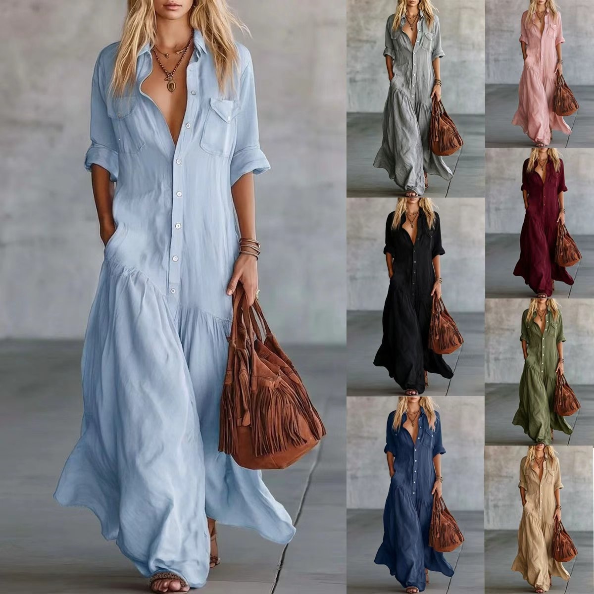 Long Button-Front Shirt Collar Dress with Patch Pockets