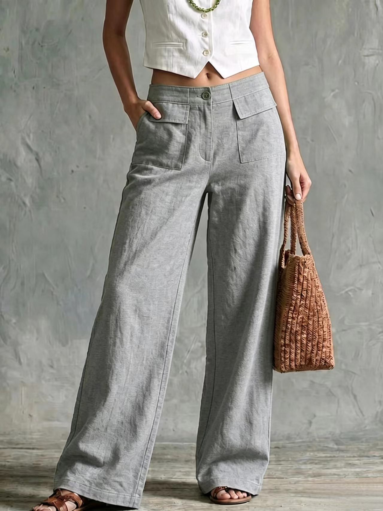 Women's Solid Color Wide-Leg Pants High Waist Elastic Casual Loose Fit