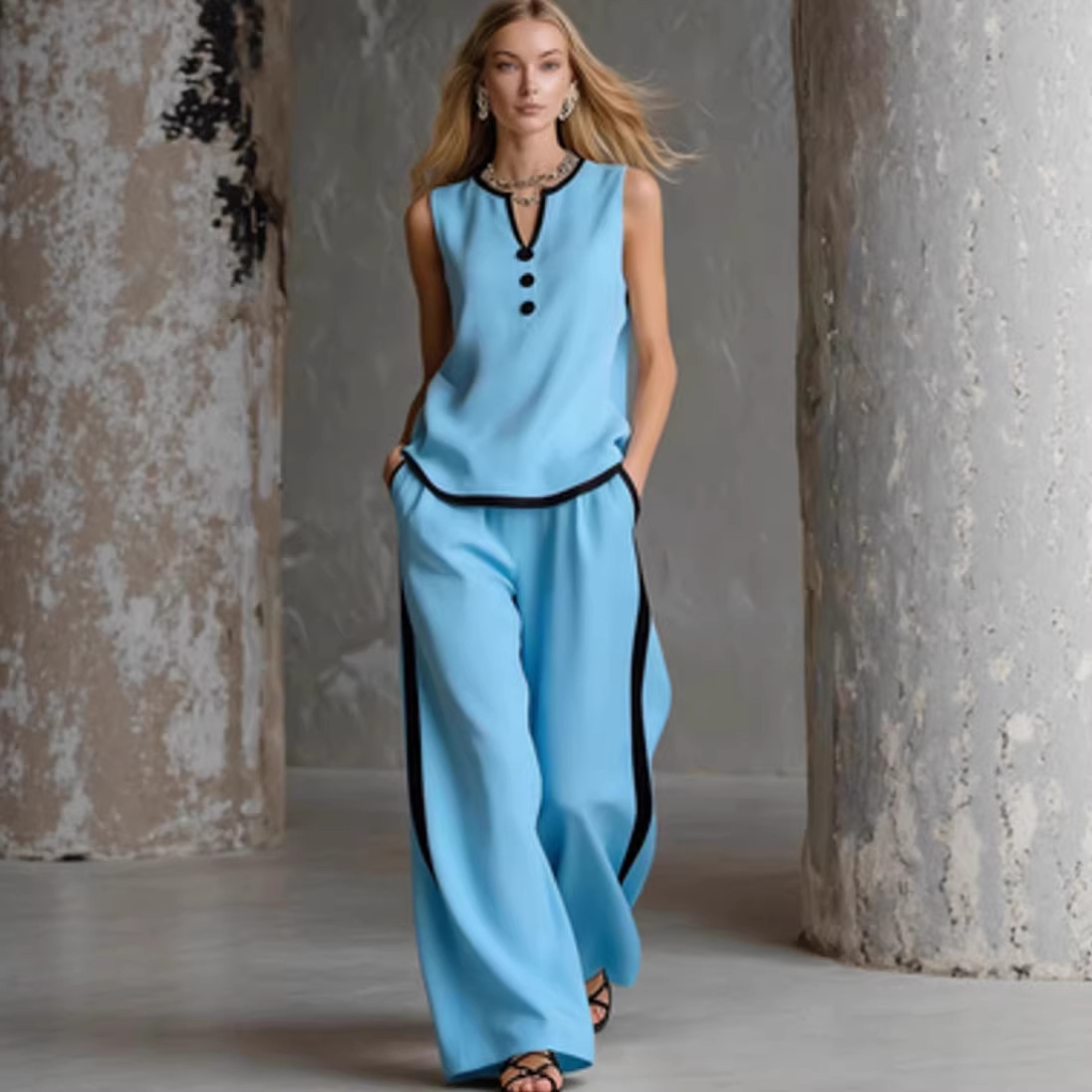 Women's Sleeveless Button Two-Piece Pant Set Casual Solid Color