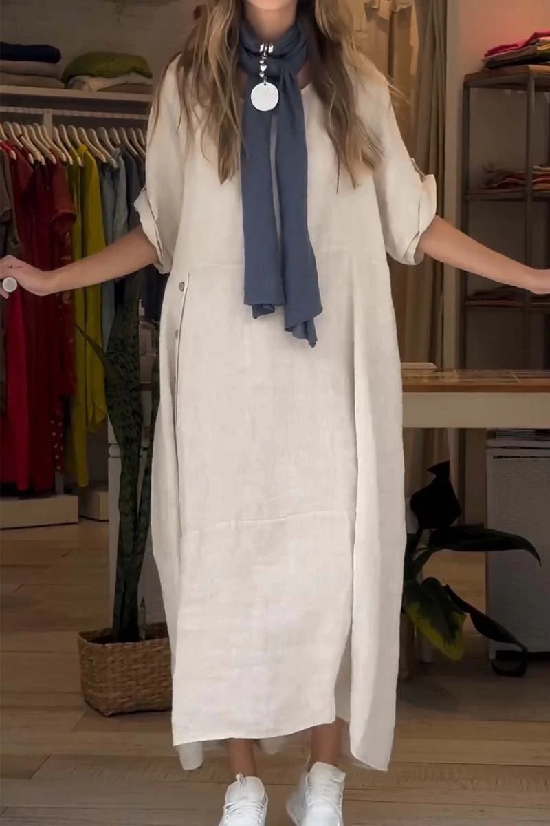 Women's Summer Loose Casual Solid Short Sleeve Cotton Linen Dress