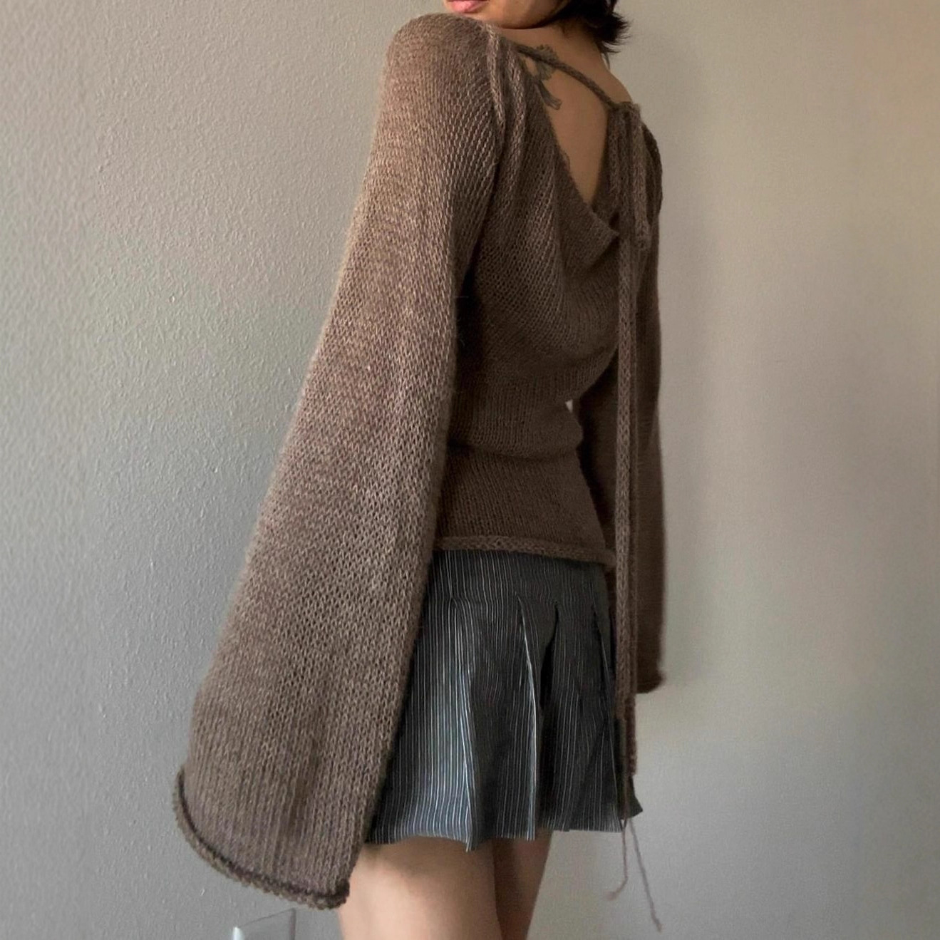 Women's Flared Sleeve Tie-Back Open Back Knit Top