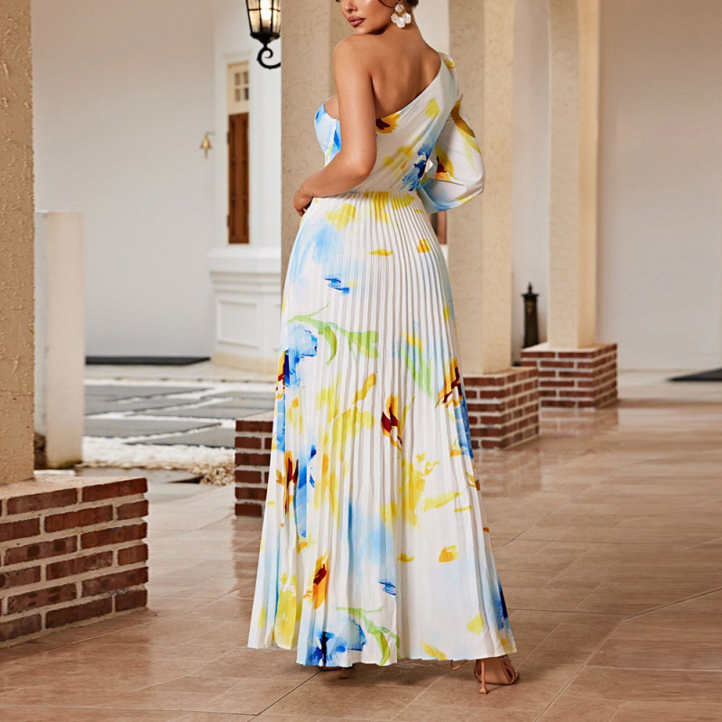 Women's Floral Print Off-Shoulder Long Dress with Irregular Slit and Pleated Details