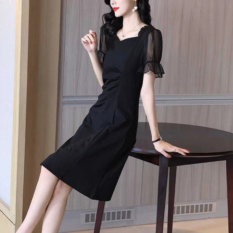 Hepburn Style Black Dress Square Neck A-Line Midi