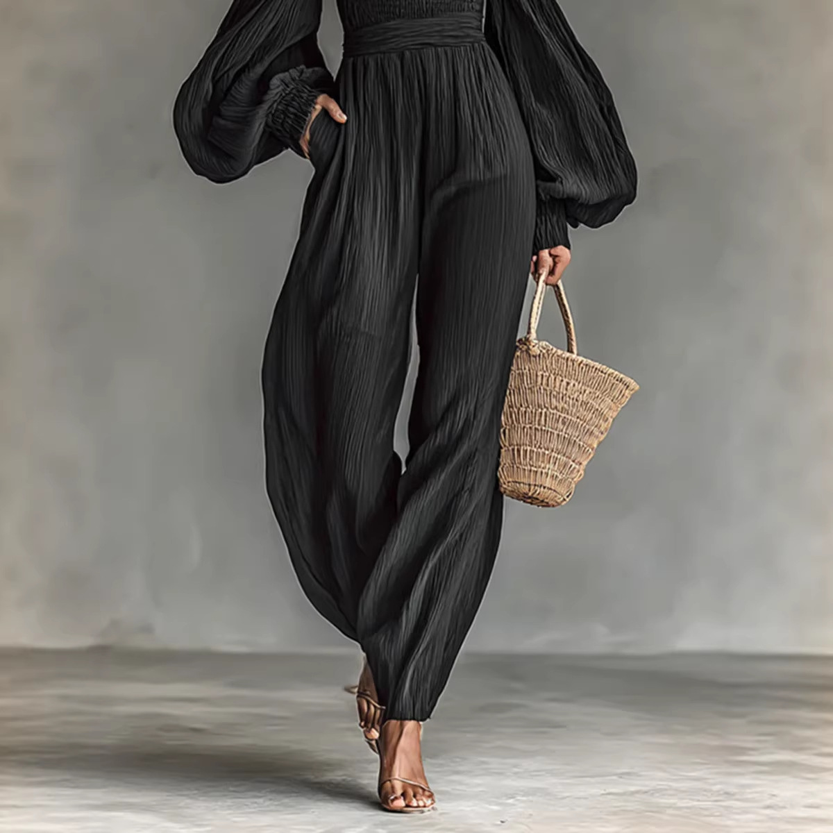 Women's Off-Shoulder Lantern Sleeve Ruched Loose Jumpsuit
