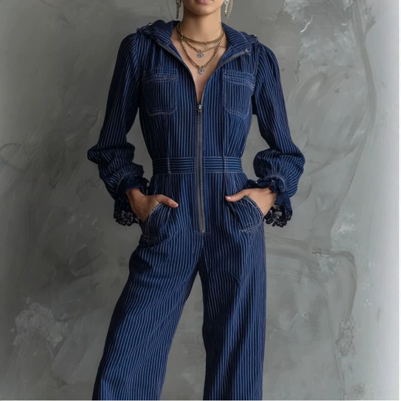 Dark Blue Striped Lace Trim Jumpsuit