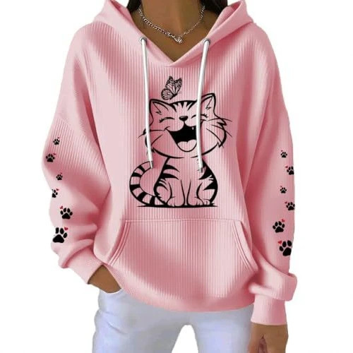 Women's Cat Paw Print Hoodie Long Sleeve Crewneck Pullover