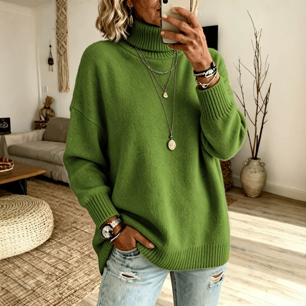 Women's Lazy Pure Color Elegant Slit Loose Turtleneck Knit Sweater