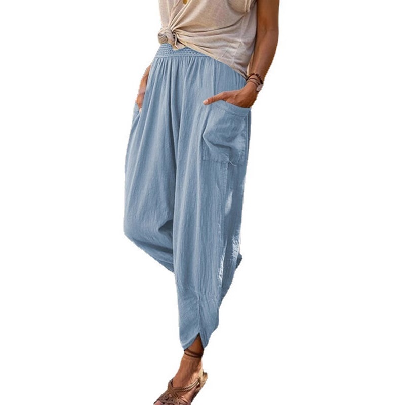 Women's Cotton Linen Wide Leg Harem Pants Casual Beach Trousers