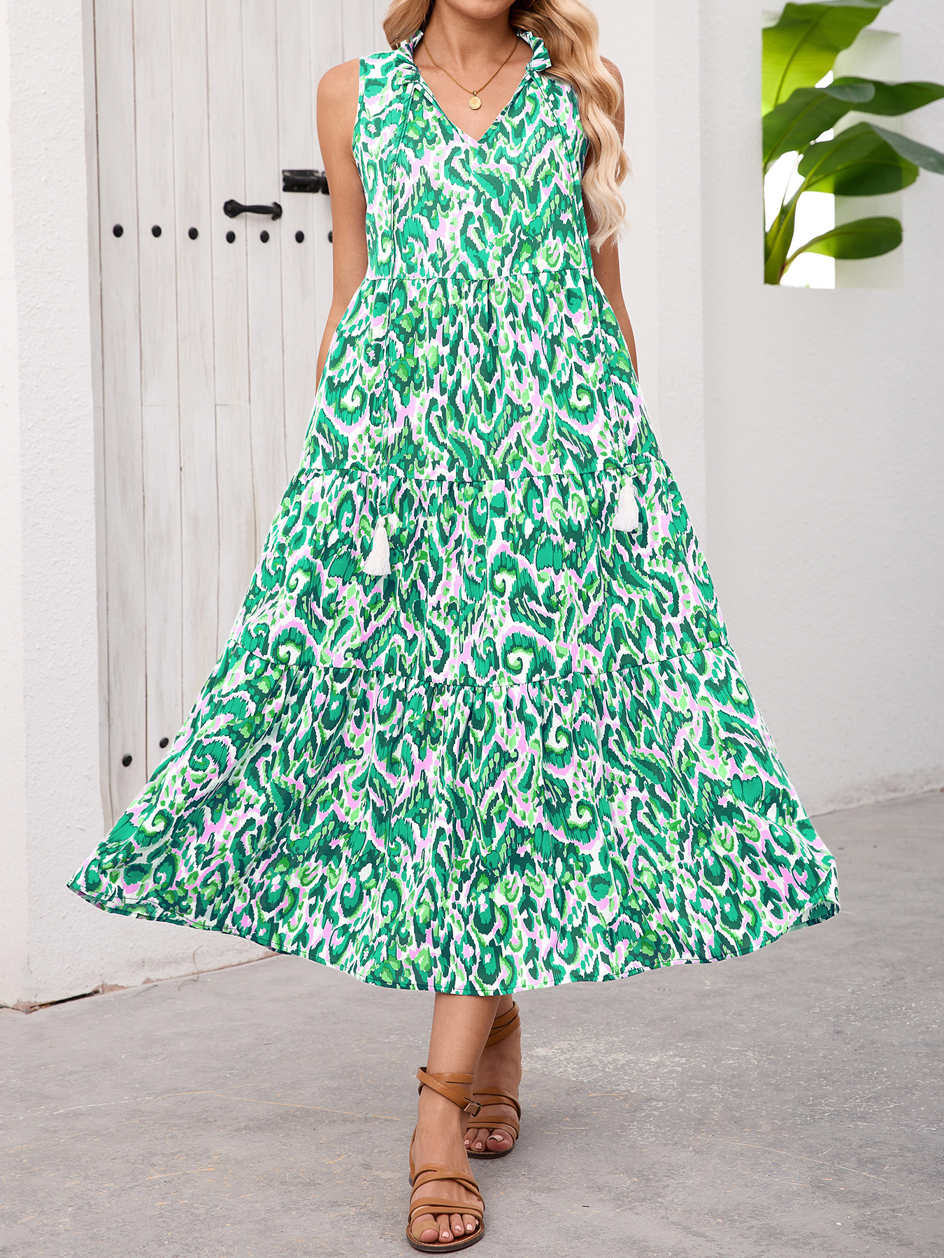 Women's Sleeveless Floral Ruffle Midi Dress V-Neck Vacation