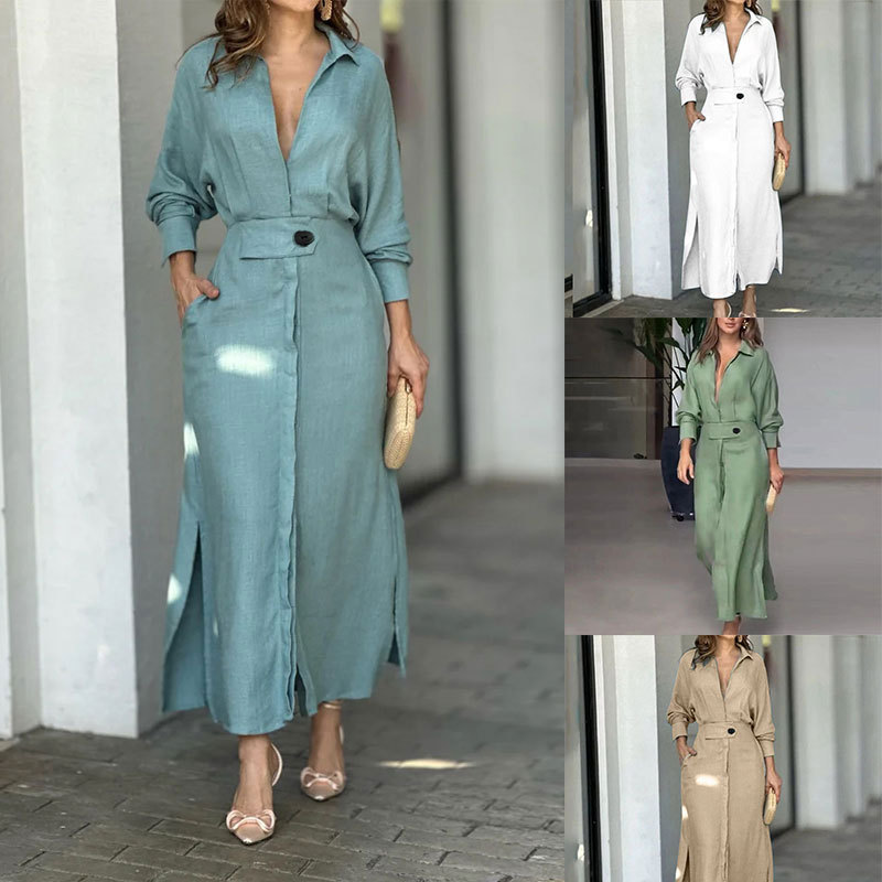 Women's Solid Color Long Sleeve A-Line Dress with Collar and Waist Tie