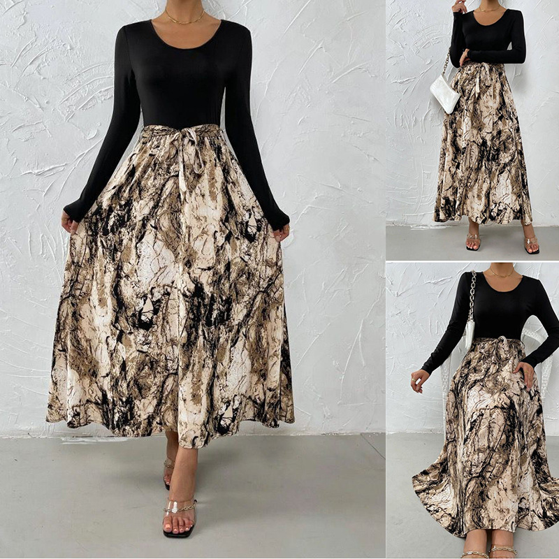 Women's Knit Patchwork Print Long Sleeve Slim Fit Vintage Dress
