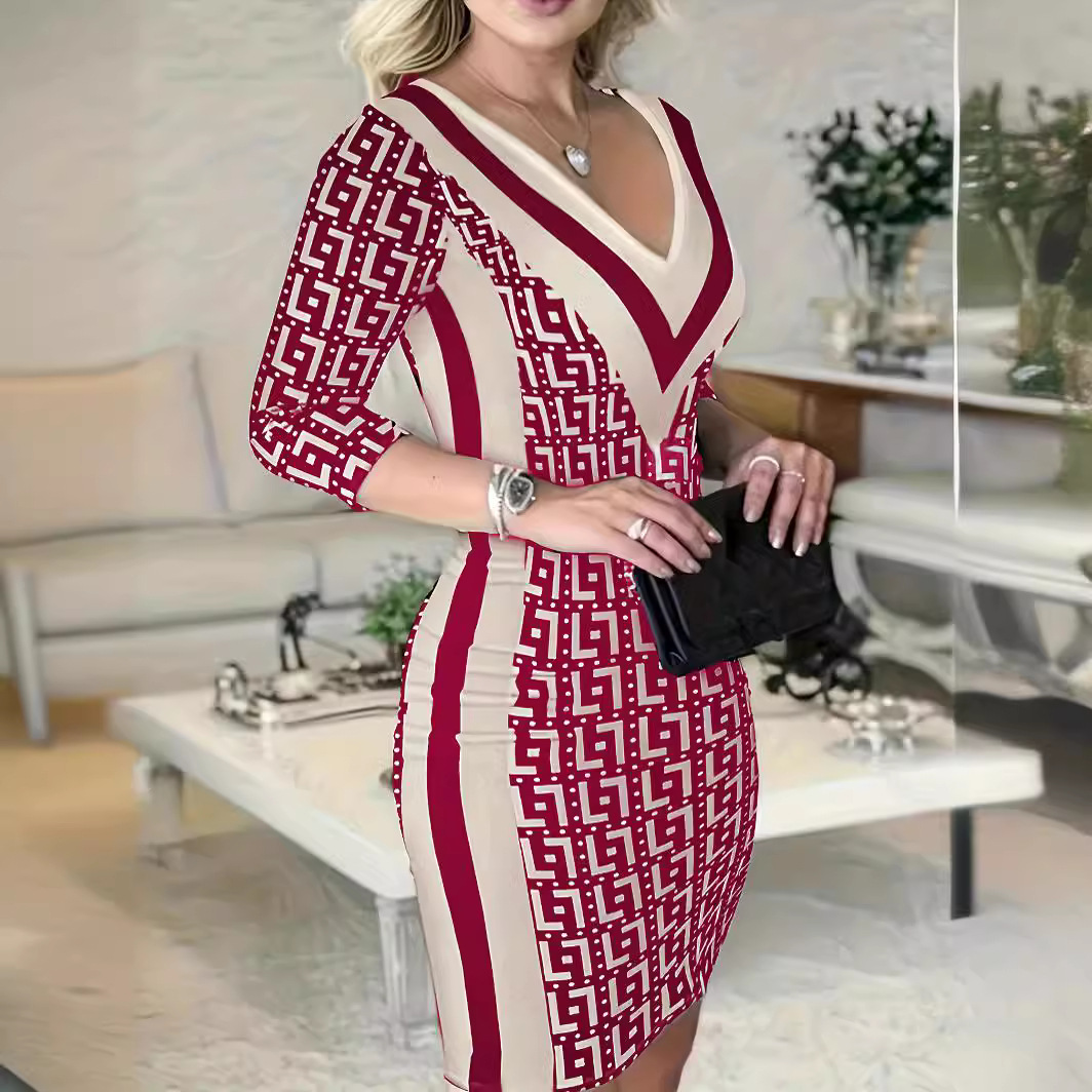 Geometric Print V-Neck Bodycon Dress with Sleeves
