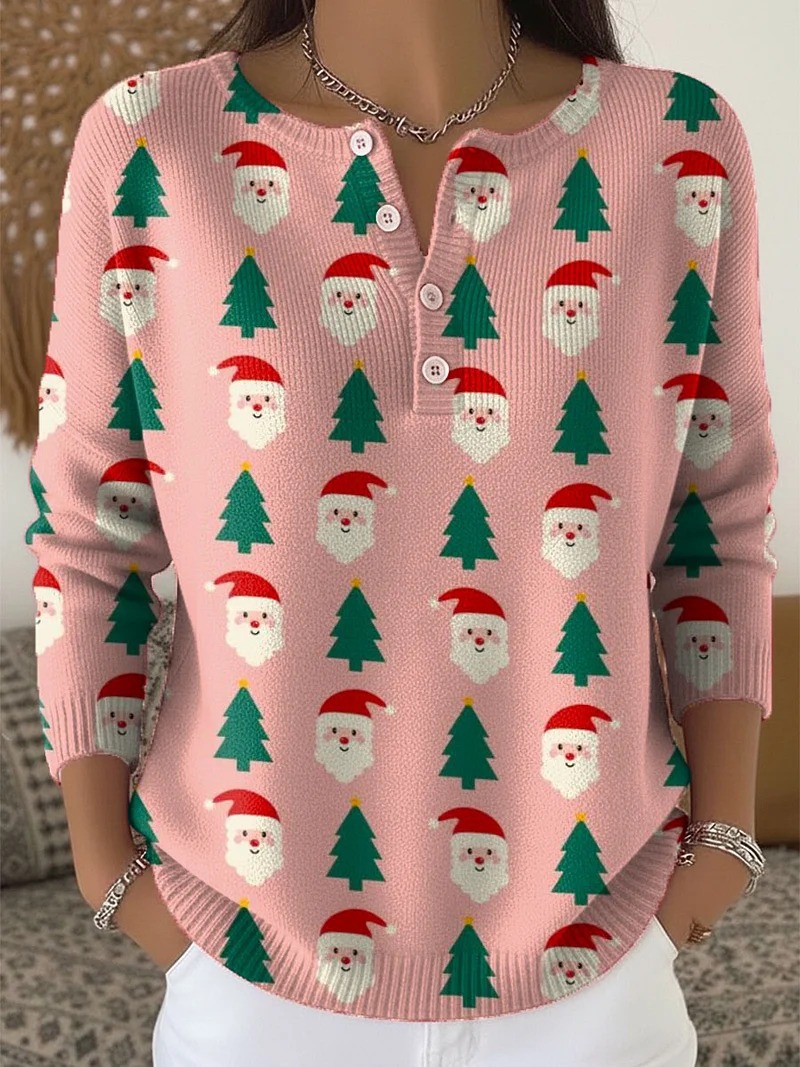 Women's Christmas Animal Lantern Print Button Sweatshirt