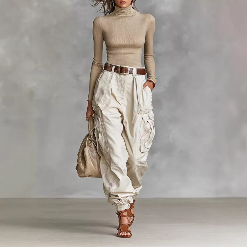 High-Waisted Wide-Leg Cargo Pants for Women, Loose Streetwear, Non-Stretch