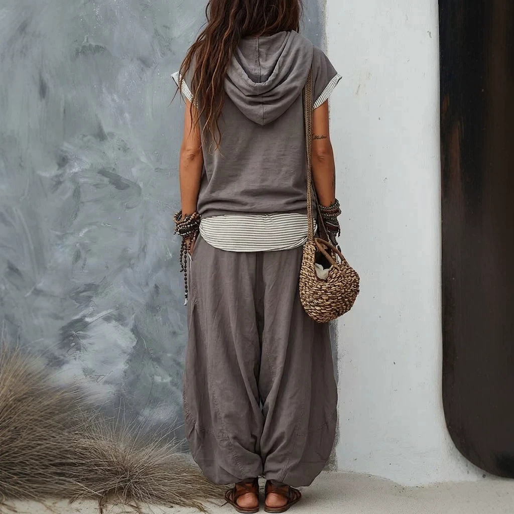 Bohemian Sleeveless Hooded Top & Harem Pants Two-Piece Set