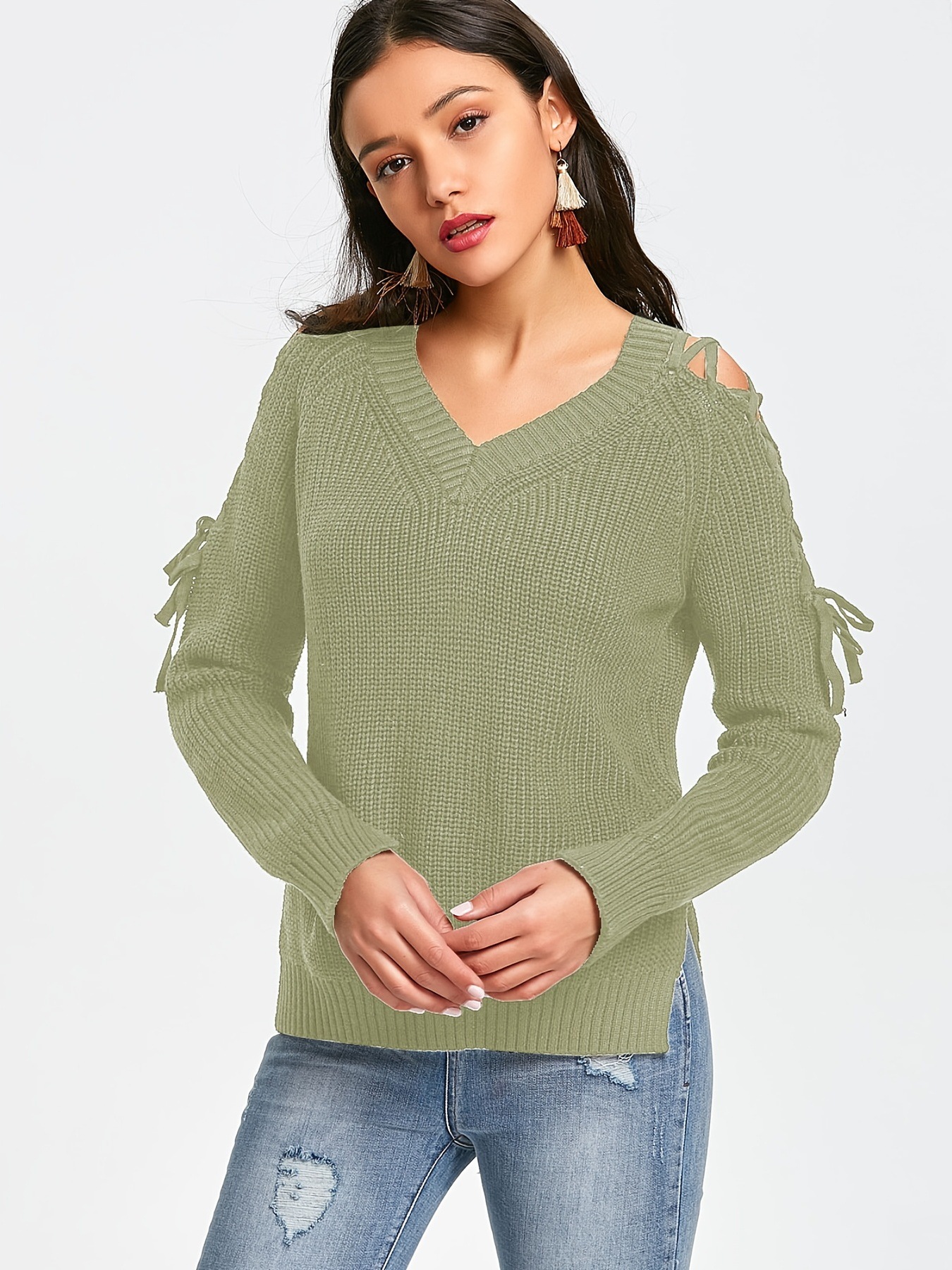 Women's Hollow-Out Knit Sweater V-Neck Lace-Up Long Sleeve Pullover