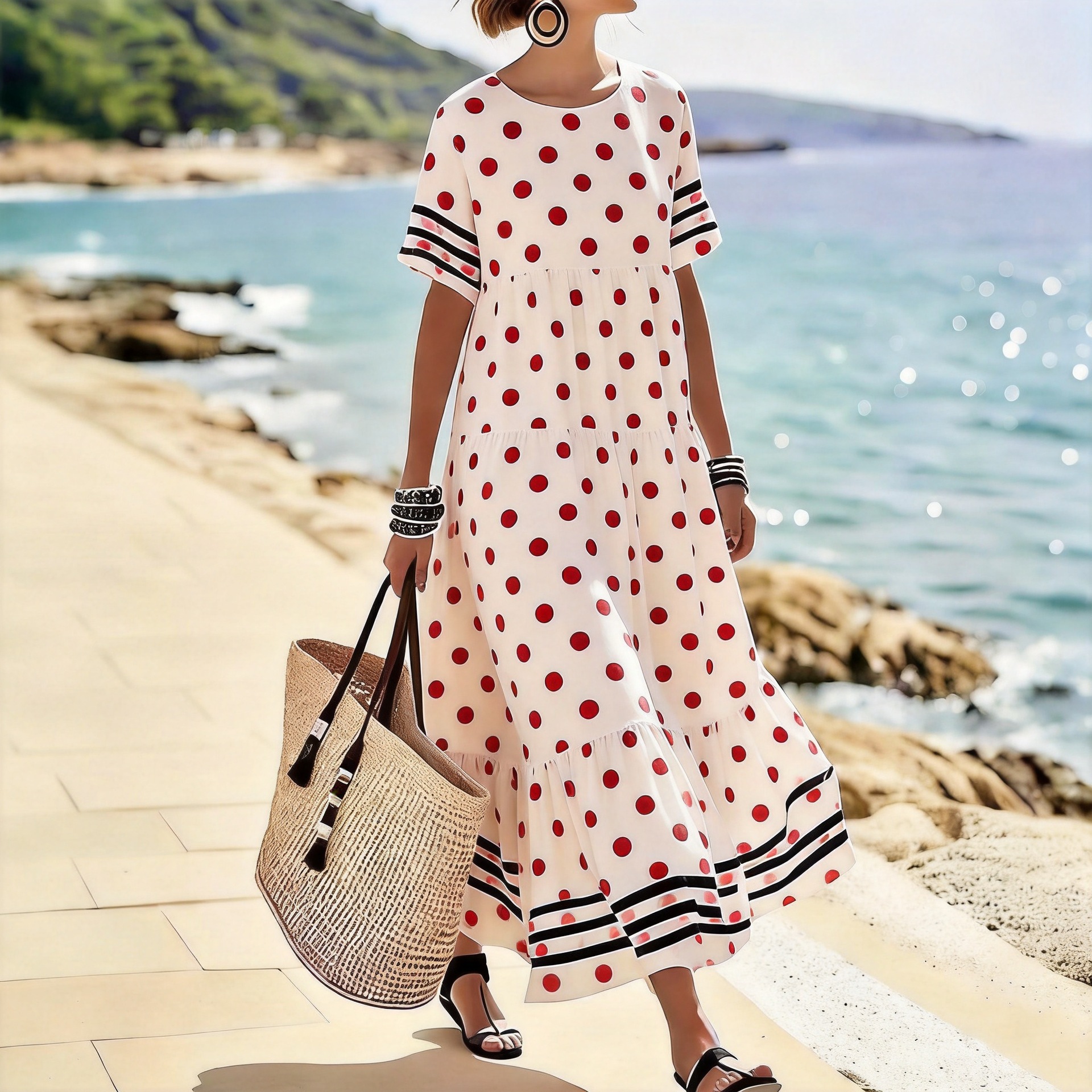Women's Striped Round Neck Loose Long Dress Casual Vacation