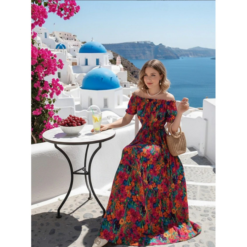 Off-Shoulder Ruched Maxi Dress with Ruffled Sleeves