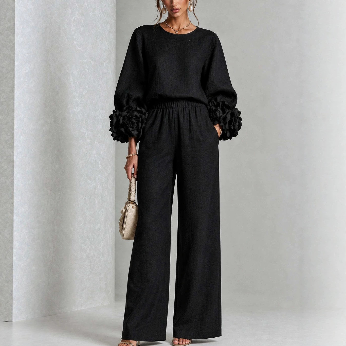 Floral Print Long Sleeve Round Neck Shirt & Wide-Leg Pants Set