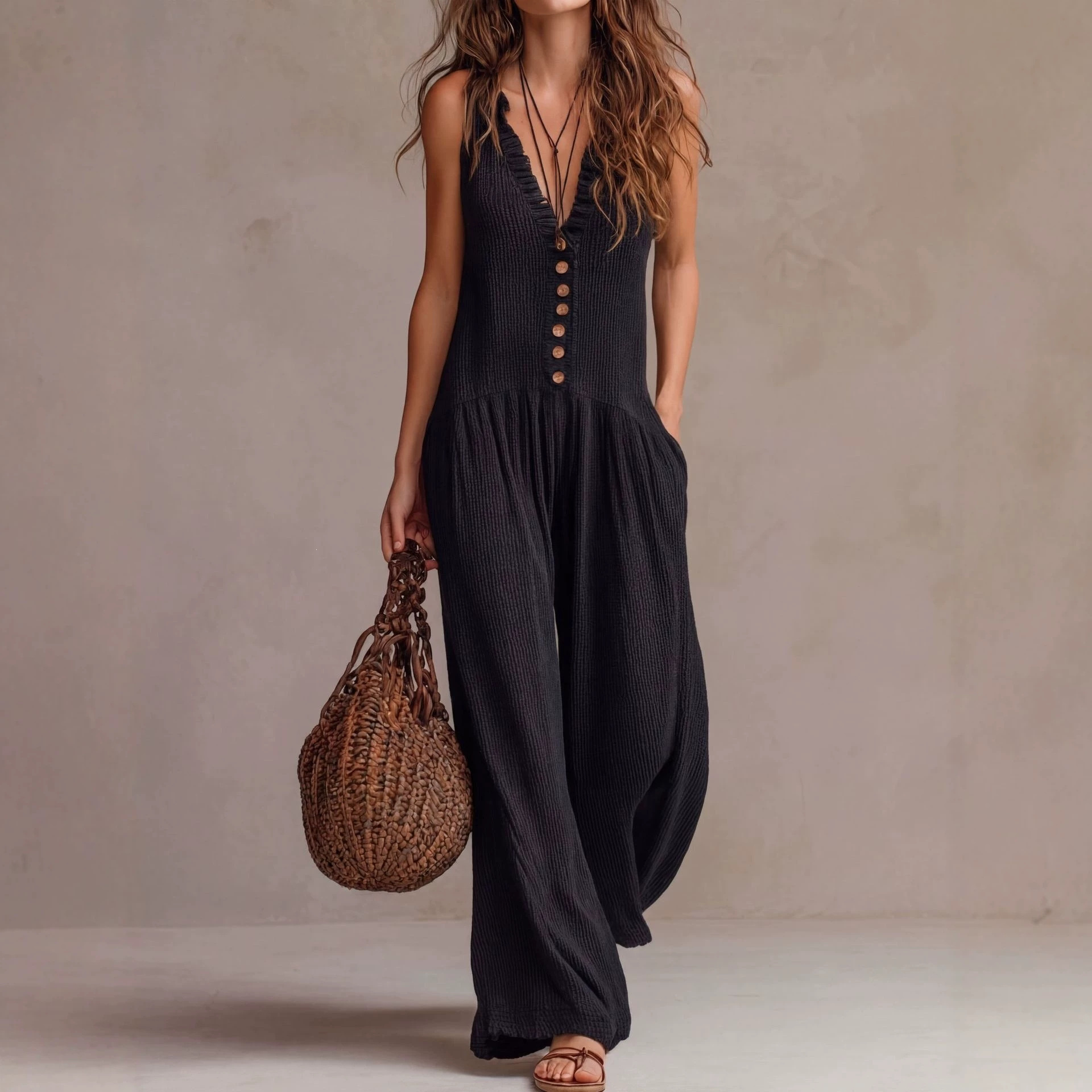Women's Loose Boho V-Neck Wide-Leg Jumpsuit