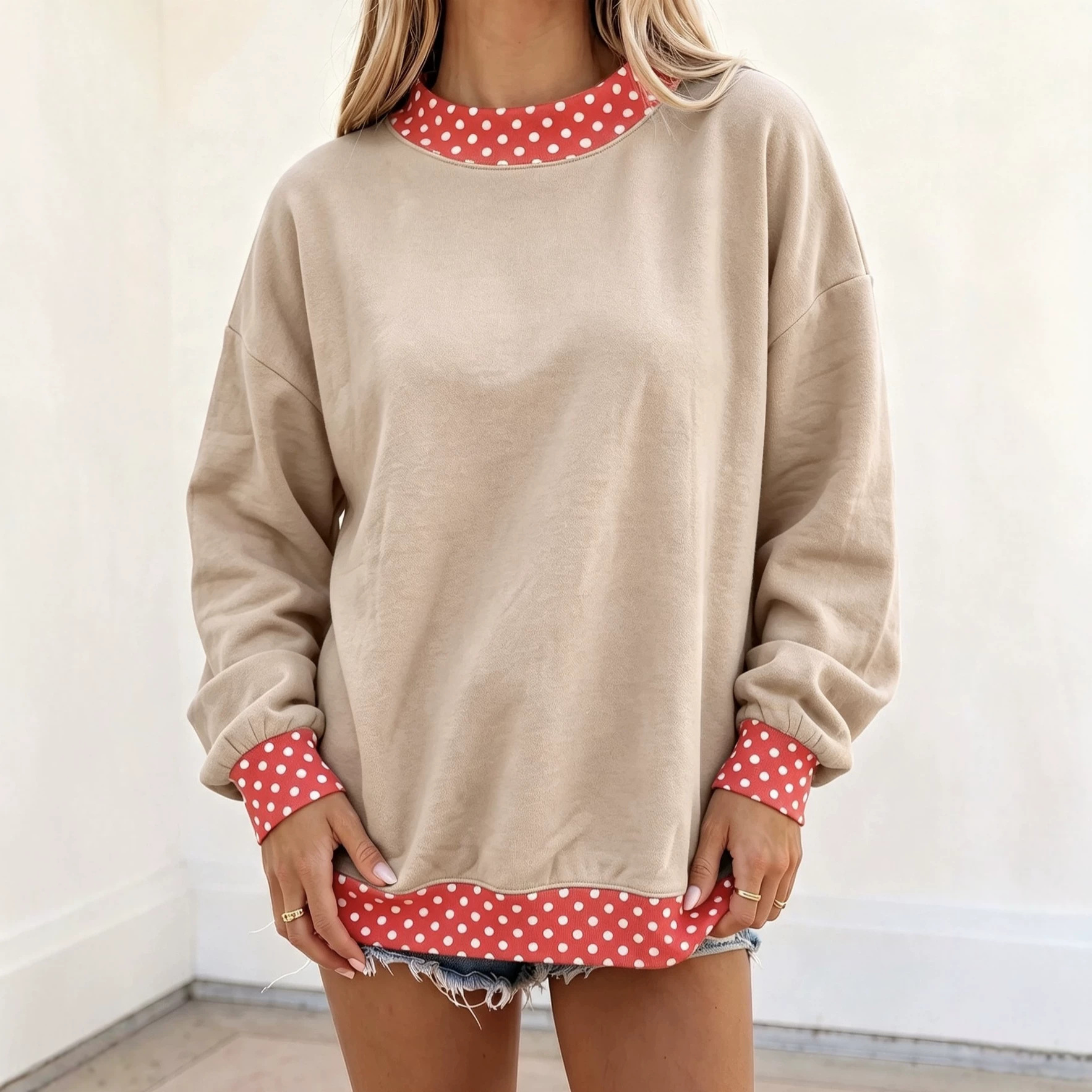 Color-Block Polka Dot Crewneck Loose Fit Women's Sweatshirt