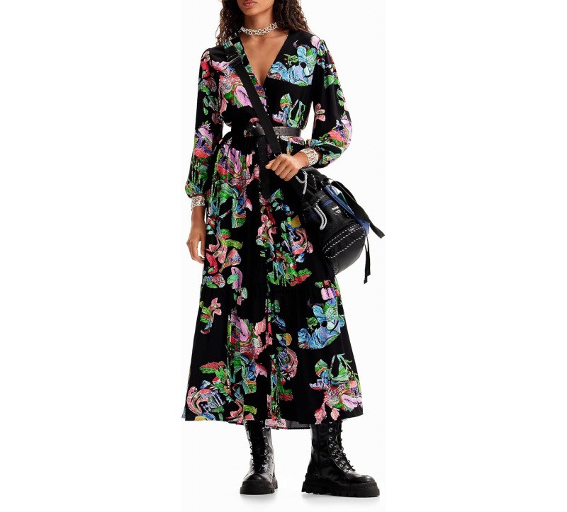 Women's Vintage Floral Midi Dress V-Neck Lantern Sleeve A-Line