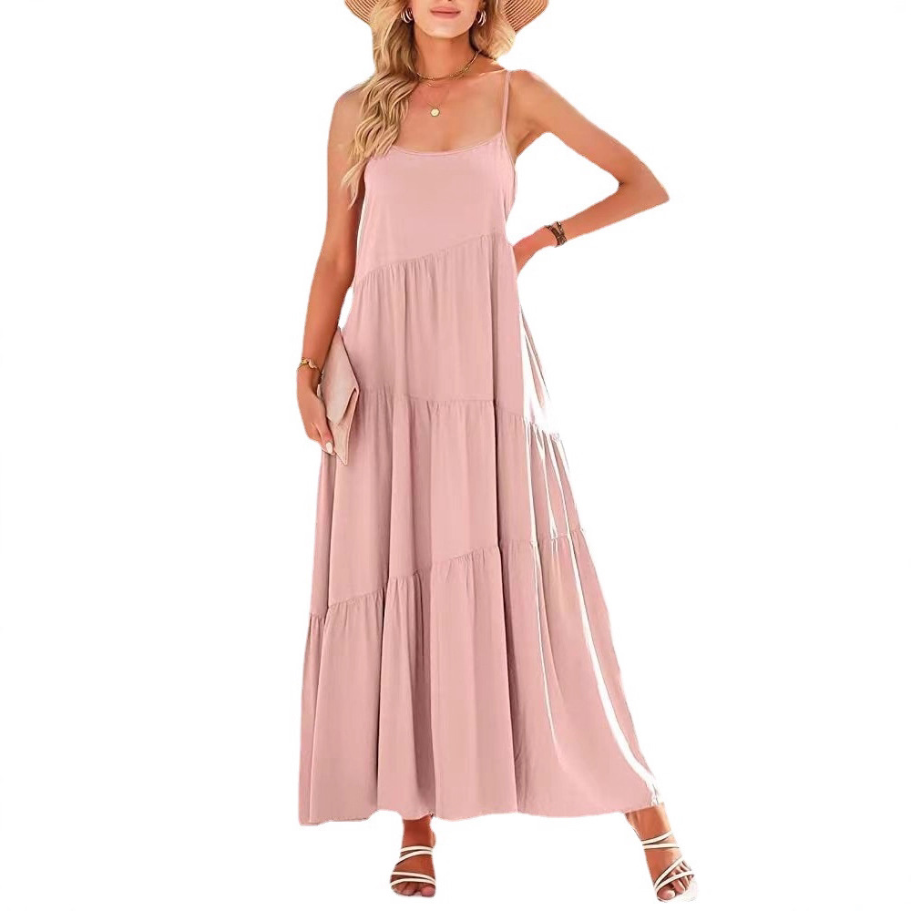 Women's Summer Loose Solid Pleated Sleeveless Halter Long Dress
