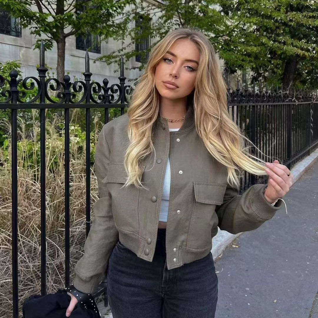 Women's Stand Collar Big Pocket Jacket Short Oversized