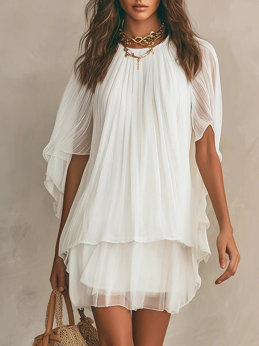 White Pleated Chiffon Mini Dress with Ruffles and Batwing Sleeves