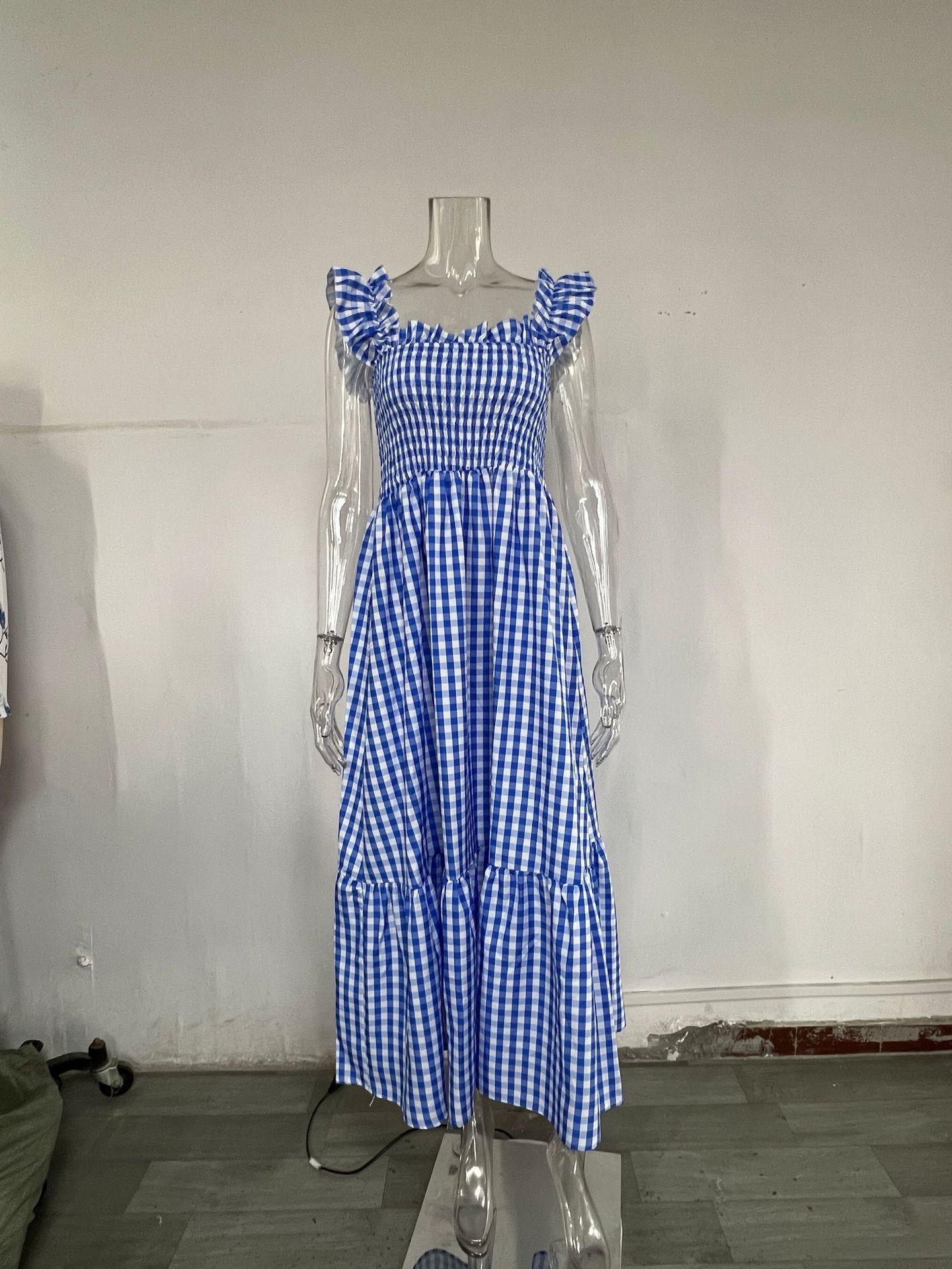 Plaid Patchwork Sleeveless Maxi Dress with Elastic Waist