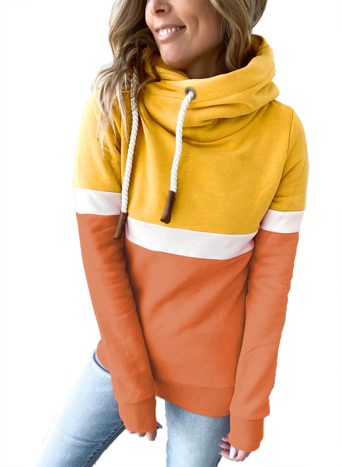 Women's Colorblock High Neck Hooded Sweatshirt