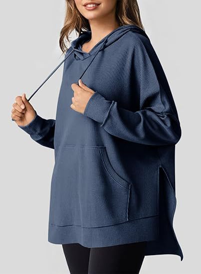 Women's Waffle Knit Hooded Pullover Sweatshirt with Pockets and Side Slits