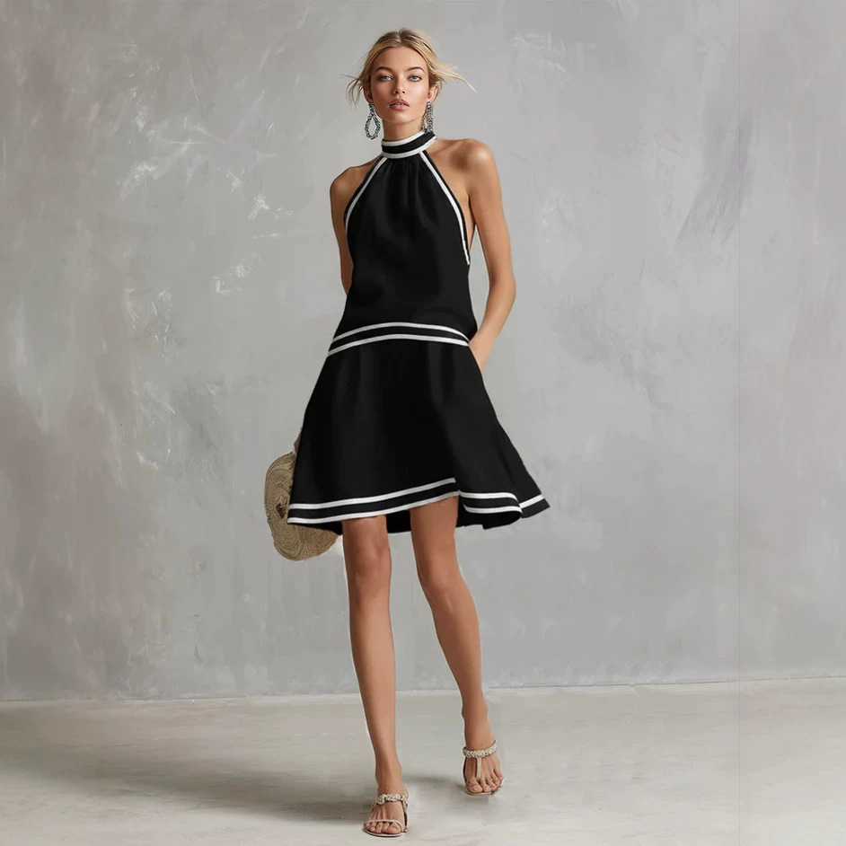 Striped Trim Halter Sleeveless A-Line Dress
