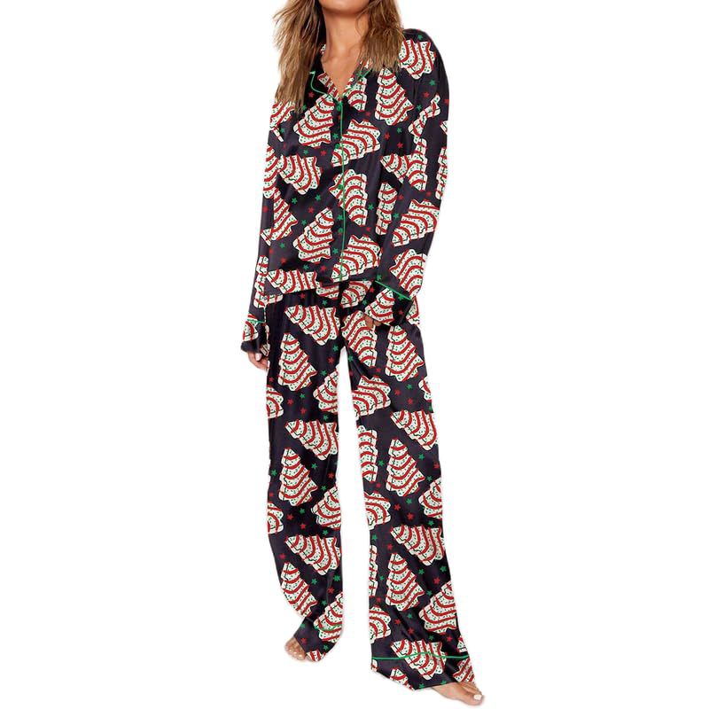Cuban Collar Bow Ribbon Print Long Sleeve Women's Set