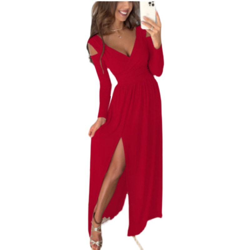 Long Sleeve V-Neck Solid Color Split Hem Dress
