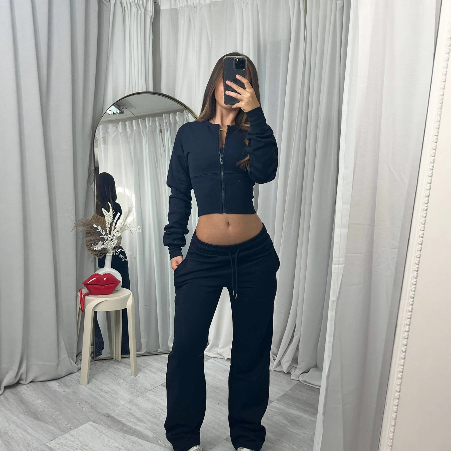 Women's Solid Color Zip Cardigan & Elastic Waist Pants Set Casual Knit